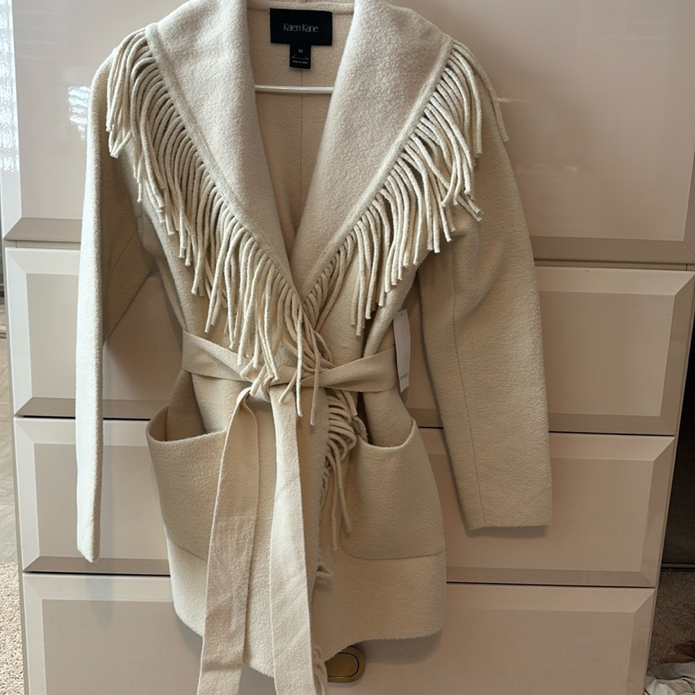 Karen Kane Cream Fringe Shawl Collar Belted Coat